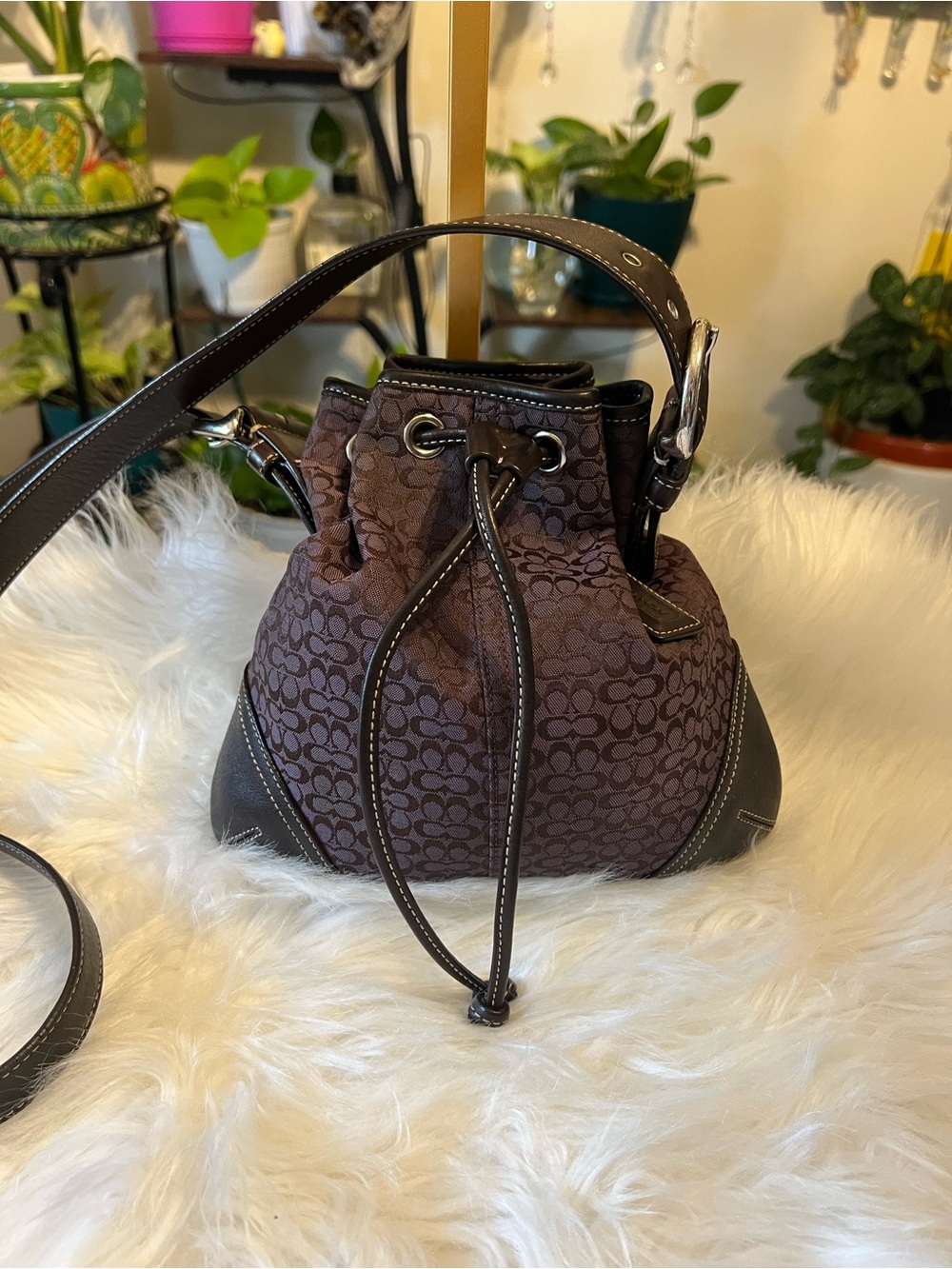 Coach Brown Signature Drawstring Mini Bucket Bag